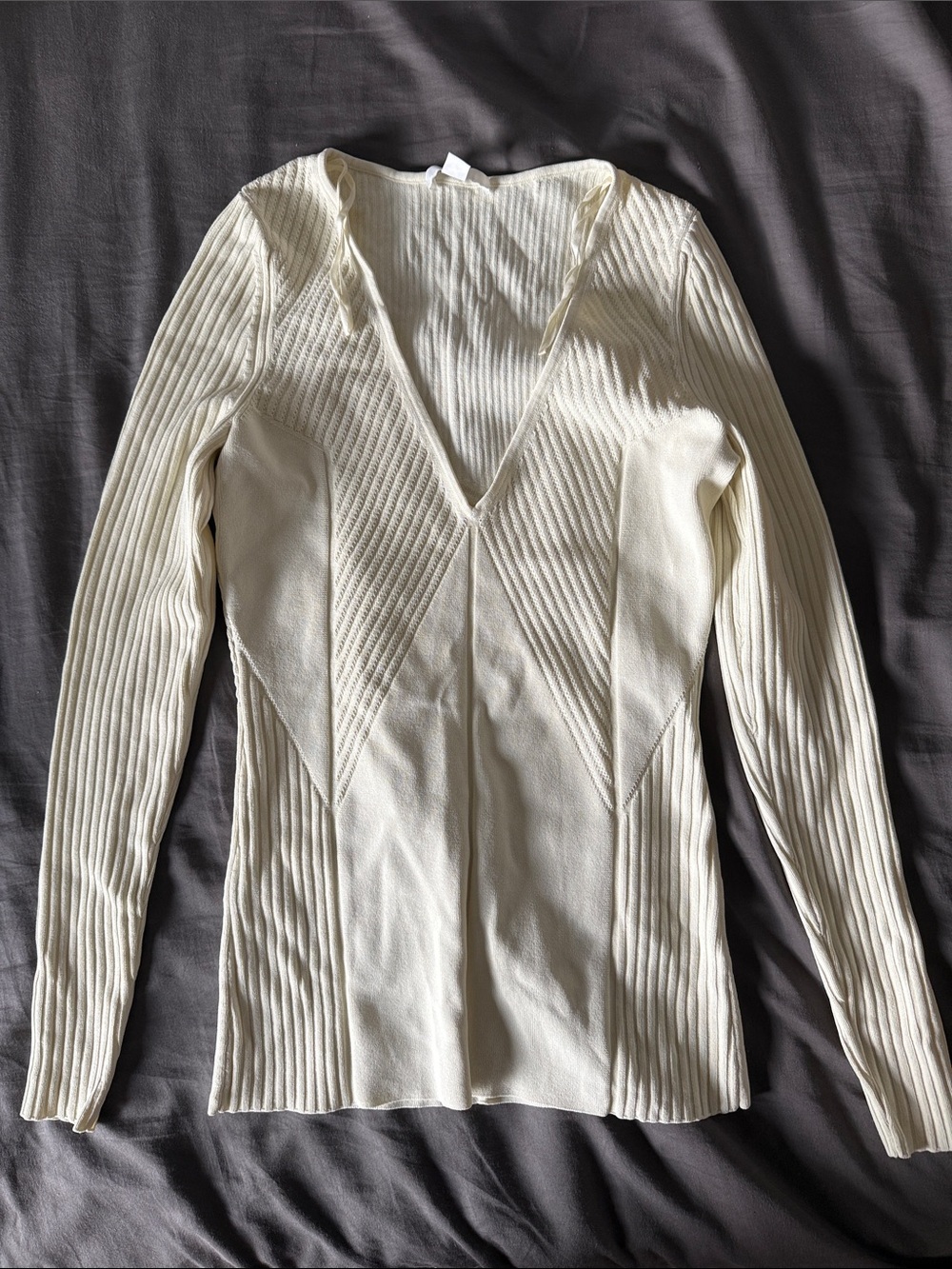 V-Neck Ribbed Cream Women's Sweater